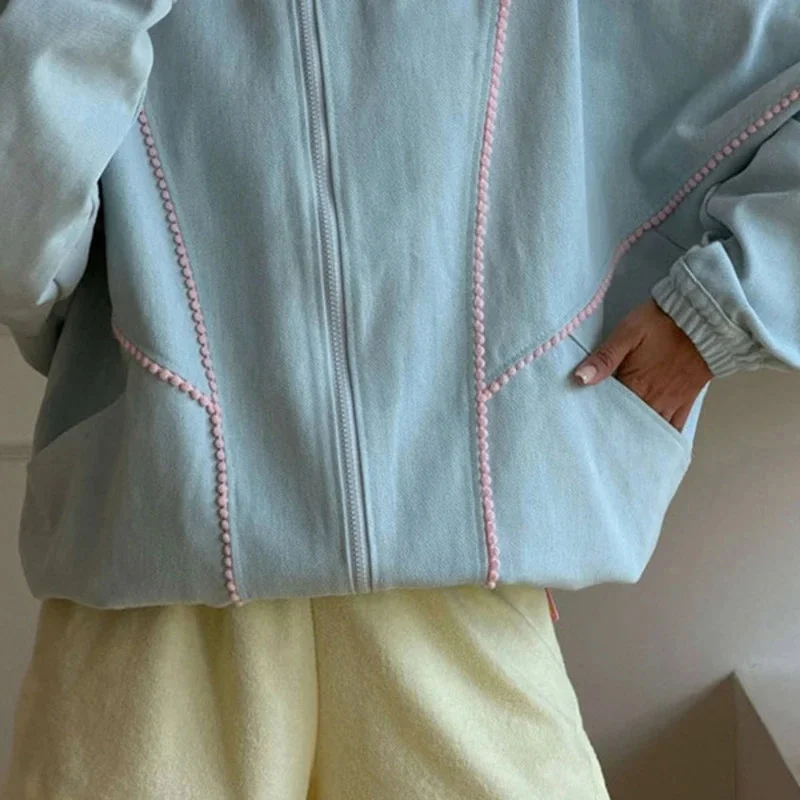 Women Casual Zip Up Jacket, Stand Collar Contrast Stitching Loose, Drop Shoulder Long Sleeve Coat, Pink Trim Autumn Streetwear
