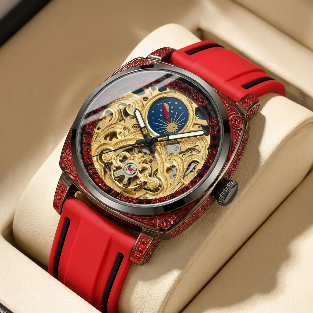 

1pcs Men's gold dial silicone strap vintage fashion skeleton gear luxury details Mechanical Watch for business party holiday
