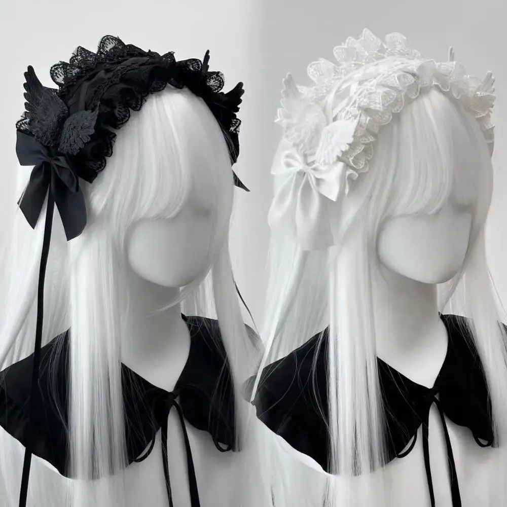 Sweet Spicy Girl Lolita Wings Lace Headband Y2k Rivet Cosplay Headdress Kawaii Gothic Style Ruffled Hairband Party