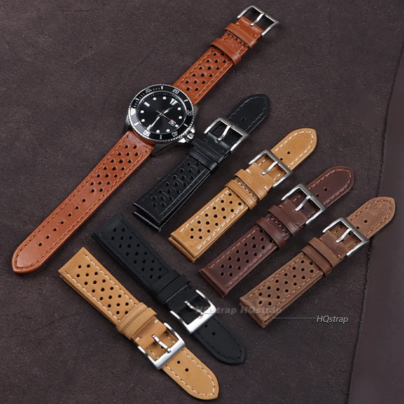 Handmade Watch Strap 18mm 20mm 22mm for Women Men Leather Strap Black Brown Khaki Breathable Universal Watchbands Bracelet