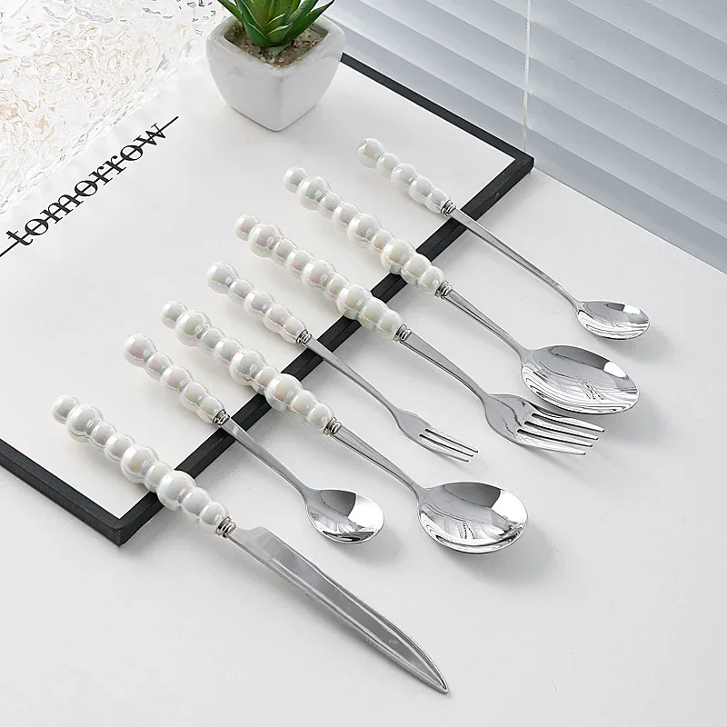 Ceramic Pearl Handle Cutlery Tableware Dinnerware Set Stainless Steel Forks Camping Fork Spoon Complete Dinner Spoons Kitchen