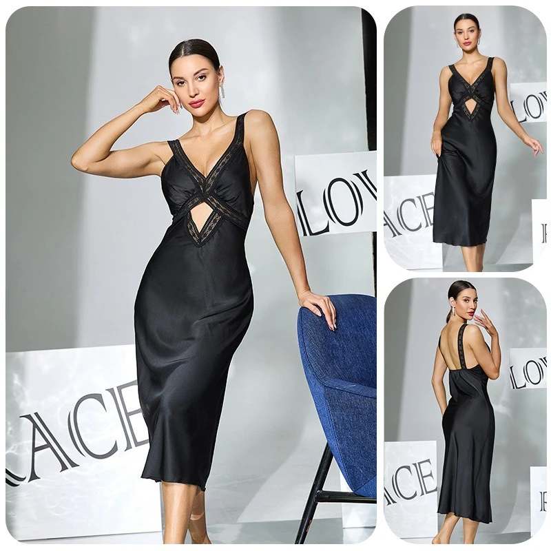 

2026 Hot selling Black Satin Lace Cross Hollow Removable Chest Cushion Strap Medium length Home Skirt