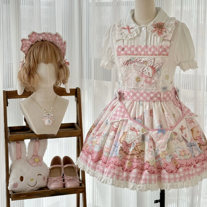 Japanese Kawaii Lolita Style Jsk Dress Women Sweet Bunny Print Party Mini Princess Dresses Harajuku Y2k Sleeveless Strap Dresses