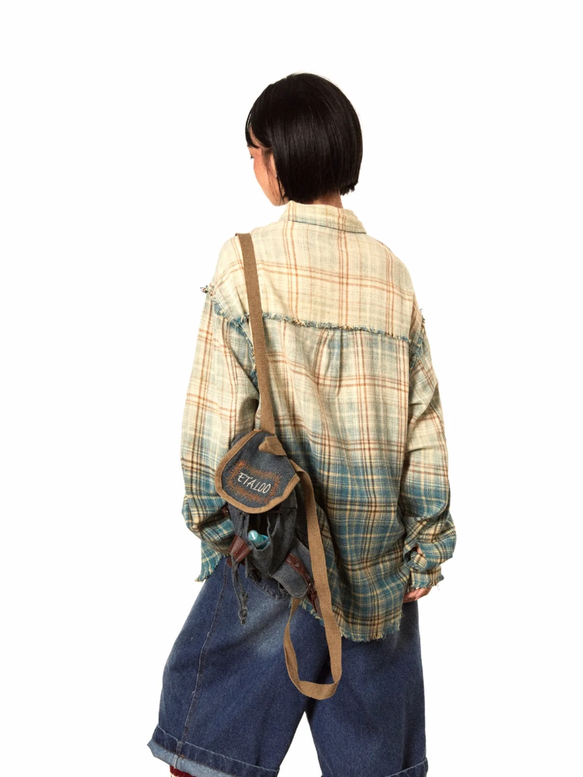 Blackbb Heavyweight Washed Gradient Plaid Long Sleeve Shirt Women's Loose Design American Retro Street Style Cotton Shirt
