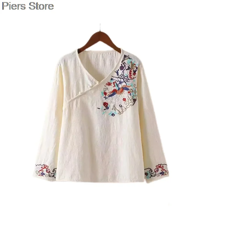 Autum Vrouw Traditionele Chinese Kleding Top Retro Bloemenprint Hanfu Top Vrouwen Tops Elegante Oosterse Tang Pak Chinese Blouse