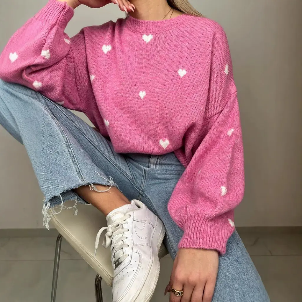 

Sweet Casual Knitted Sweater Crewneck Pullover Top for Women Autumn Winter Fashion Valentine's Day Sale