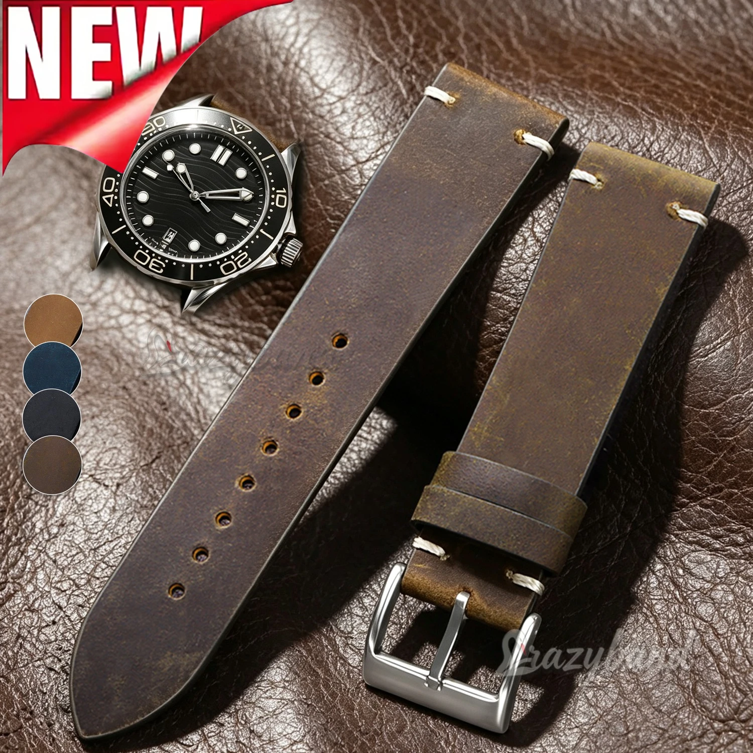 Bracelet de montre en cuir huilé vintage 22 mm, 18 mm, 20 mm, 21 mm, marron, fait main, en cuir de vachette, pour Omega, Seiko, universel
