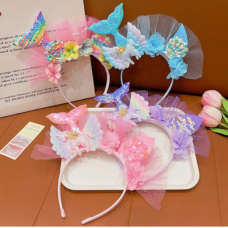 Girl Mermaid Cosplay Wig Headband Hair Clip Kid Laser Sequin Fish Tail Hair Clip Shell Hair Clip Headpiece Candy Color Head Clip