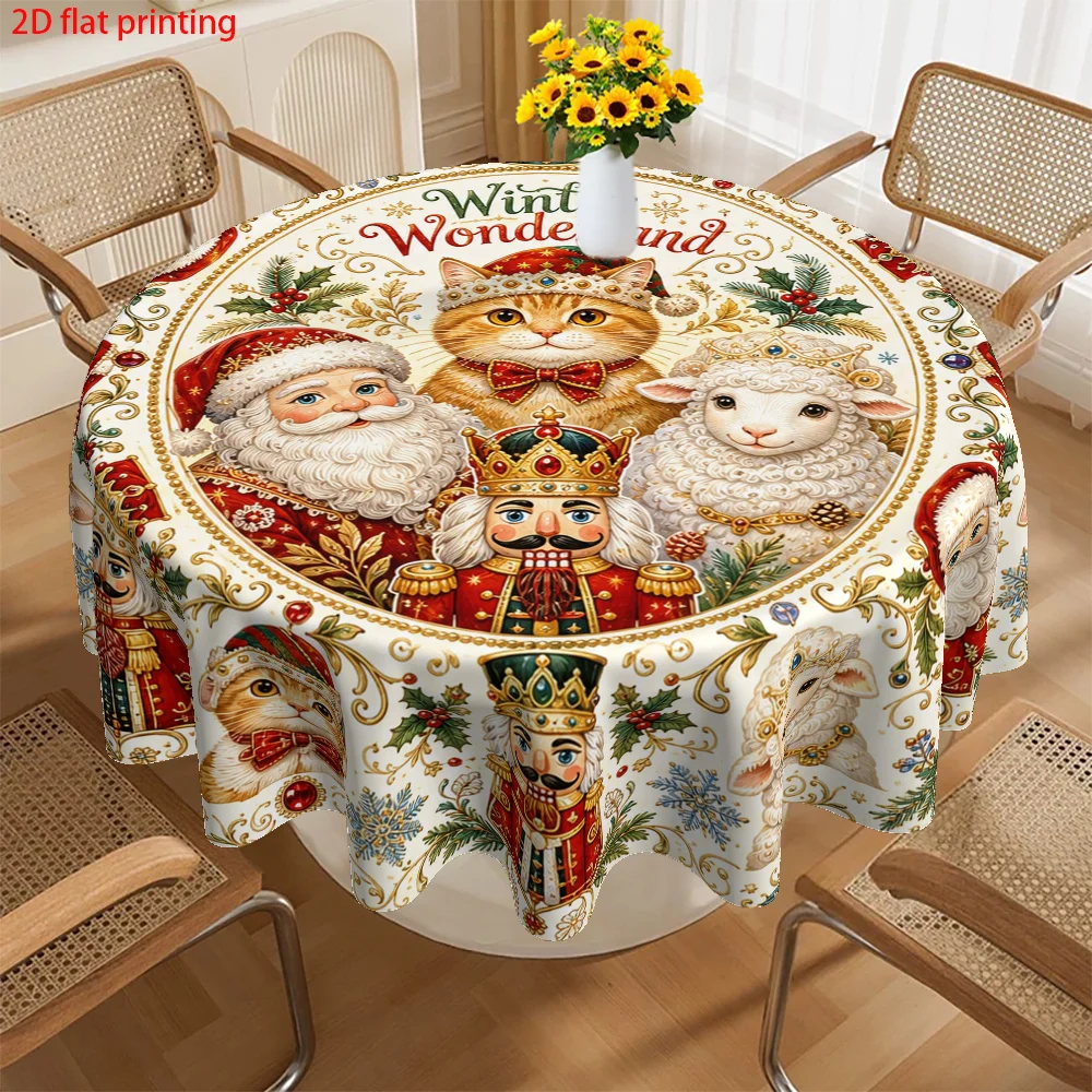 1-Pack, 2D Flat Print Round Tablecloth Winter Wonderland Santa Claus Cat Nutcracker Print