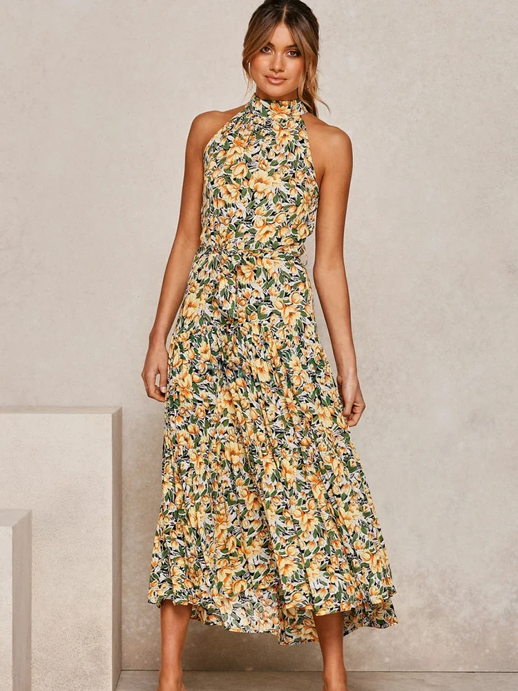 Vestido longo de verão, bolinhas, vestidos casuais, preto, sexy, halter, sem alças, novo, 2022, amarelo, roupas de férias para mulheres