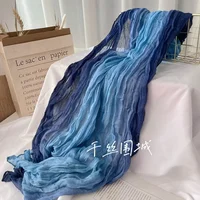 VREOVOR New Scarf Hemp Hand Feel Gradient Blue Autumn Winter Retro Versatile Printed Women's Long Fold Shawl Soft Fashionable 4