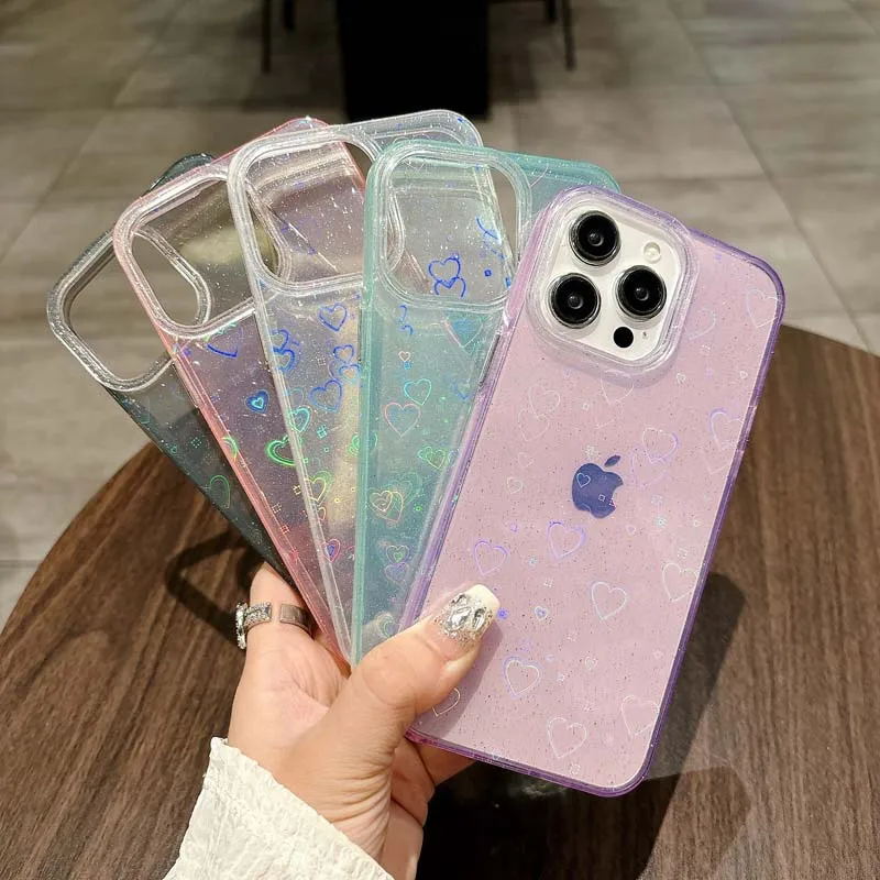 Luxury Laser Neon 3D Love Heart Clear Case for IPhone 11 12 13 14 16 Pro Max Shockproof IMD Acrylic Cover for IPhone 15Pro 14Pro