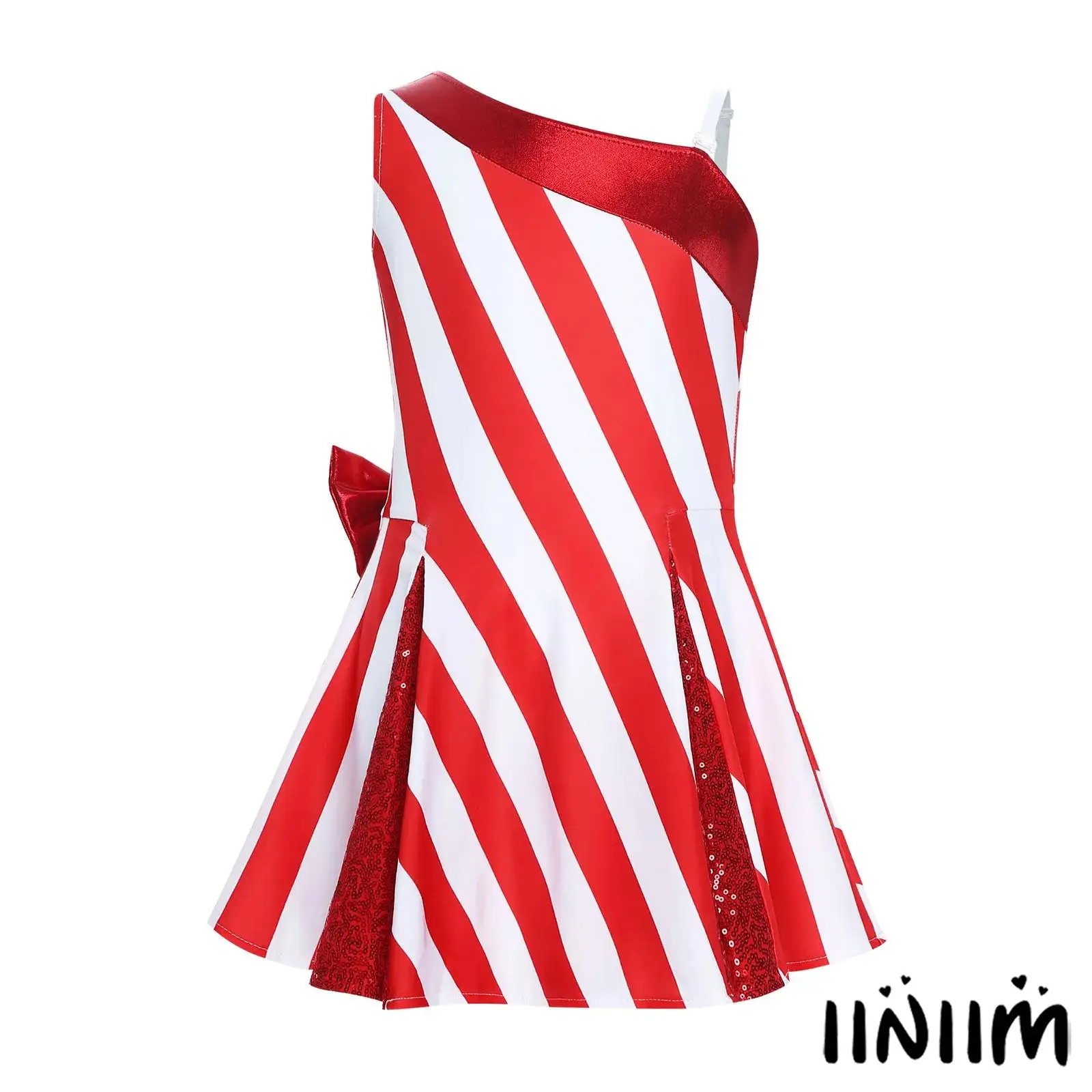 فستان حفلات عيد الميلاد للفتيات الصغيرات بكتف واحد مع فيونكة معدنية مزين بالترتر بألوان متباينة لحفلات العطلات