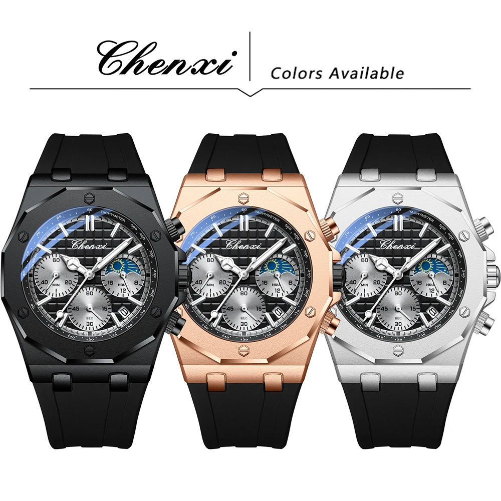 CHENXI الرياضة متعددة الوظائف سيليكون رجل ووتش التقويم للماء الكوارتز الرجال الساعات كرونوغراف القمر المرحلة ساعة يد رجالي