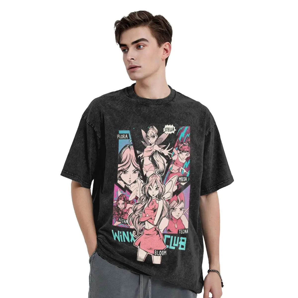 W-Winx Clubs Cartoon Washed T Shirt Streetwear Hip Hop Novelty T-Shirts Fairy Beauty Anime Tees for Men Women Street Printed