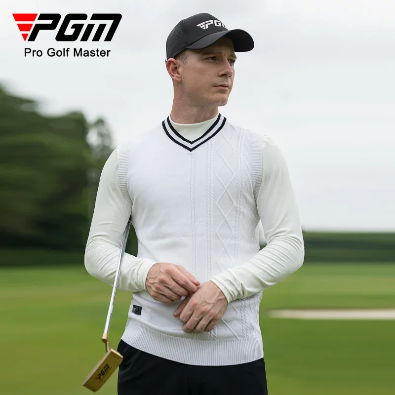 PGM Winter Keep Warm Men Golf Vest Male Knitted V-neck Waistcoat Men Fleece Patchwork Sleeveless Sweater Casual Golf Shirt M-2XL