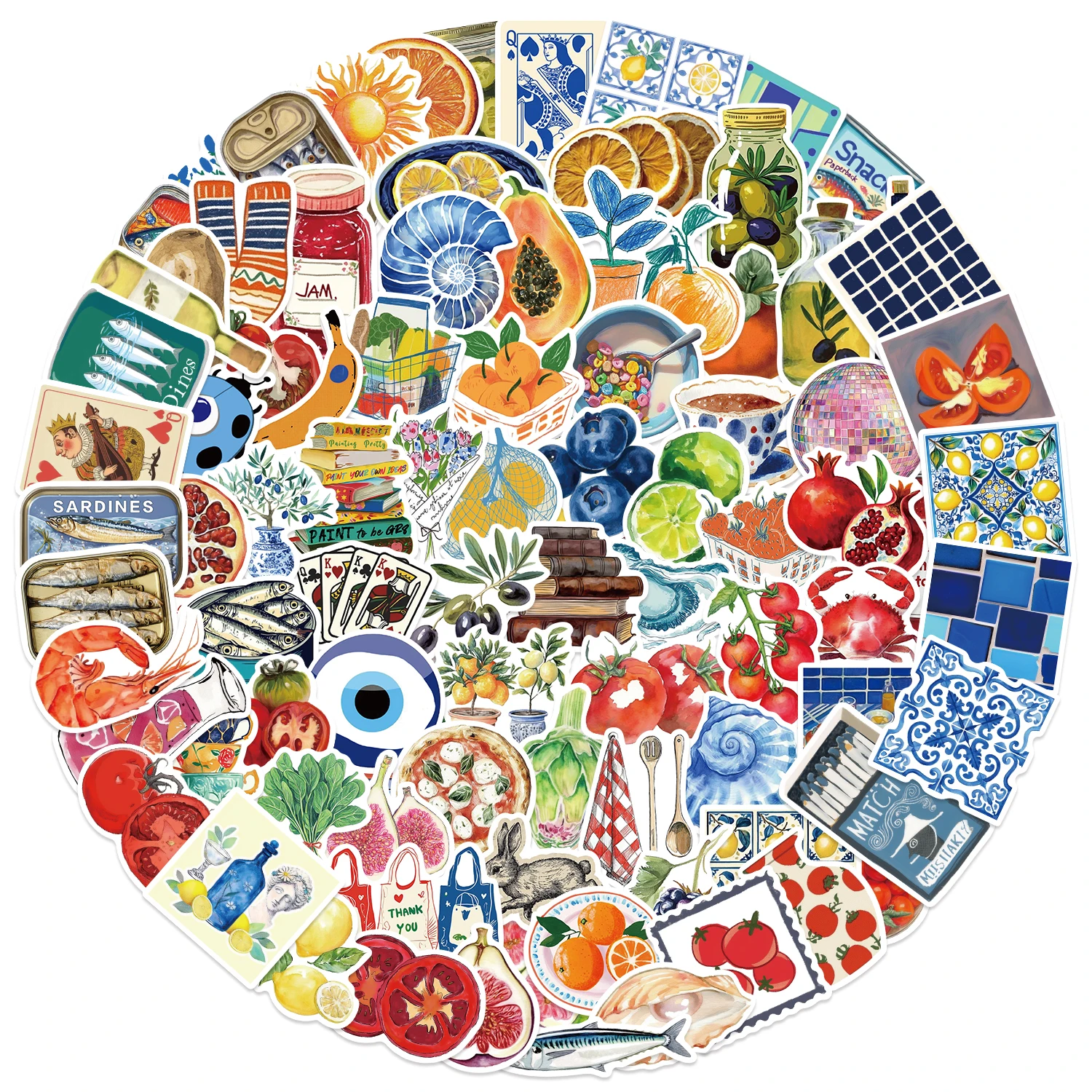100PCS Mediterranean Style Grape Stickers Summer Watercolor Fruit Aesthetic Sticker Waterproof Vinyl Decal Laptop Scrapbook Toys