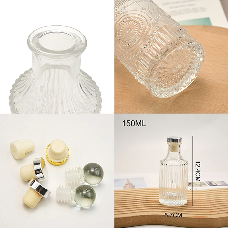 130/150/200ml Embossed Aromatherapy Empty Bottle Small-bore Glass Vial Essential Oil Bathroom Reed Diffuser Jar Home Decor Vase