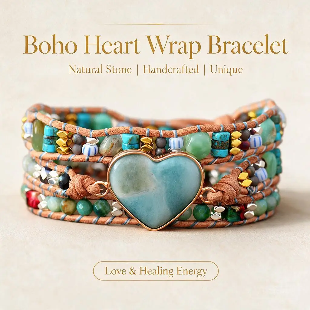 Custom Personalized Boho Heart Mixed Natural Stones Leather Wrap Bracelet Handwoven Beaded Friendship Bracelet Bohemian Jewelry