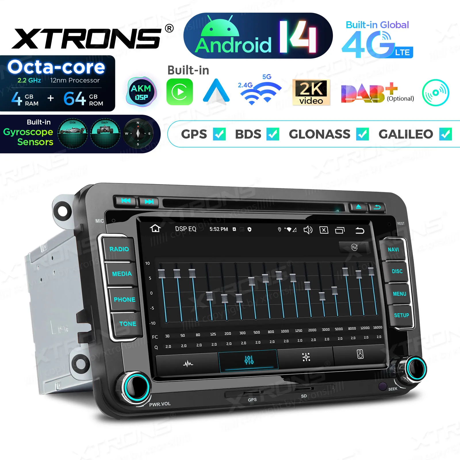 XTRONS Autoradio Android 14 Octa Core 4+64GB da 7 pollici per Volkswagen / SEAT / Skoda, Lettore Multimediale DVD per Auto con 4G CarPlay DSP AA