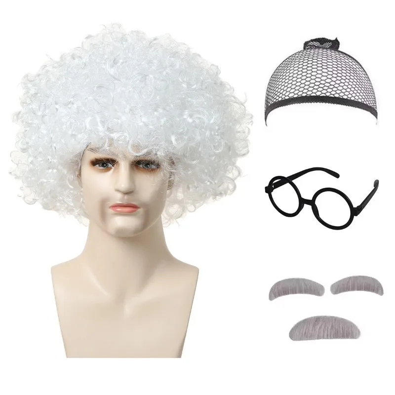 Man Adult Stage Cosplay Einstein Perform Suit Bar Clothing Match Fluffy Afro Hairpiece Glasses and Beard Party Man Scientist Wig