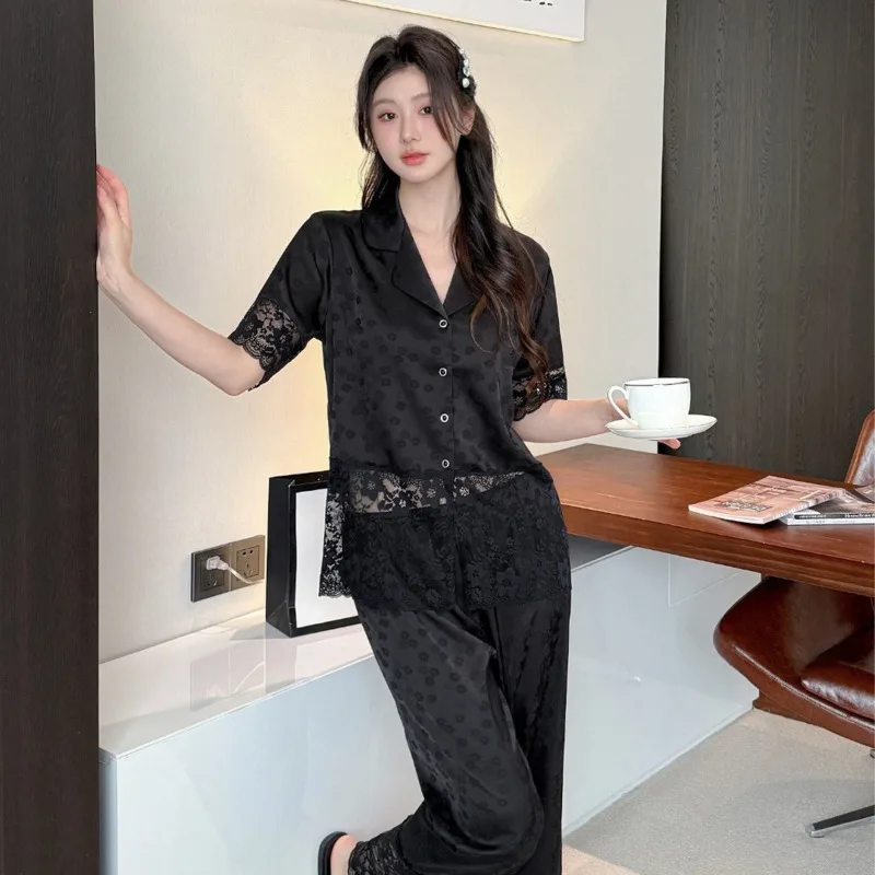 2025 Spring Autumn Ice Silk Women Two Piece Set Short Sleeve Pants Fashion Lace Hollow Out Homewear Two Piece Set Nightwear