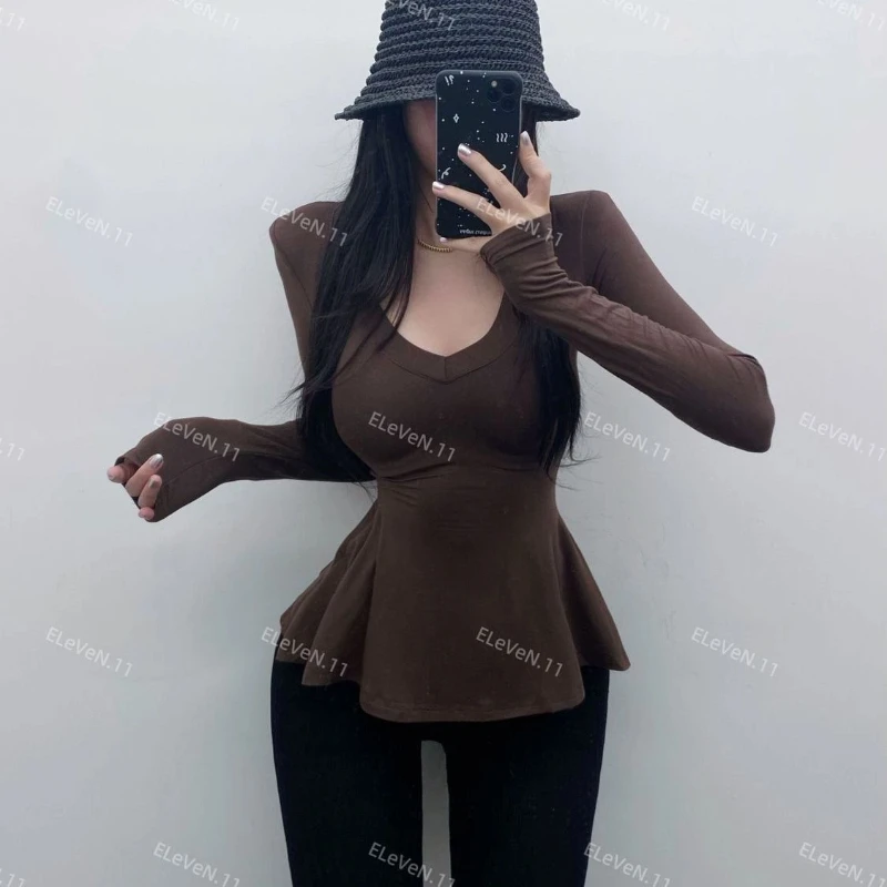 Basic Pleated Slim Sexy T Shirts Long Sleeve Solid Simplicity All-match Korean Tops Women Clothing Fashion Trend Spring Autumn
