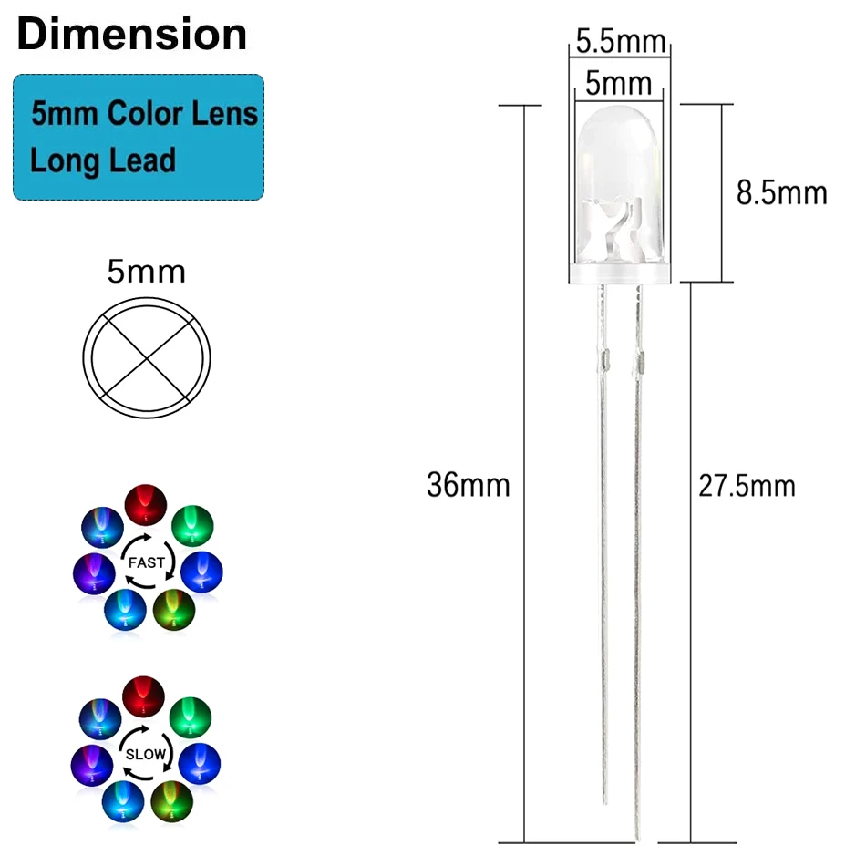 50 pz 5mm LED rotondo LED emissione diodo 2pin trasparente/diffuso LED multicolore lento/veloce lampeggiante bianco rosso blu UV