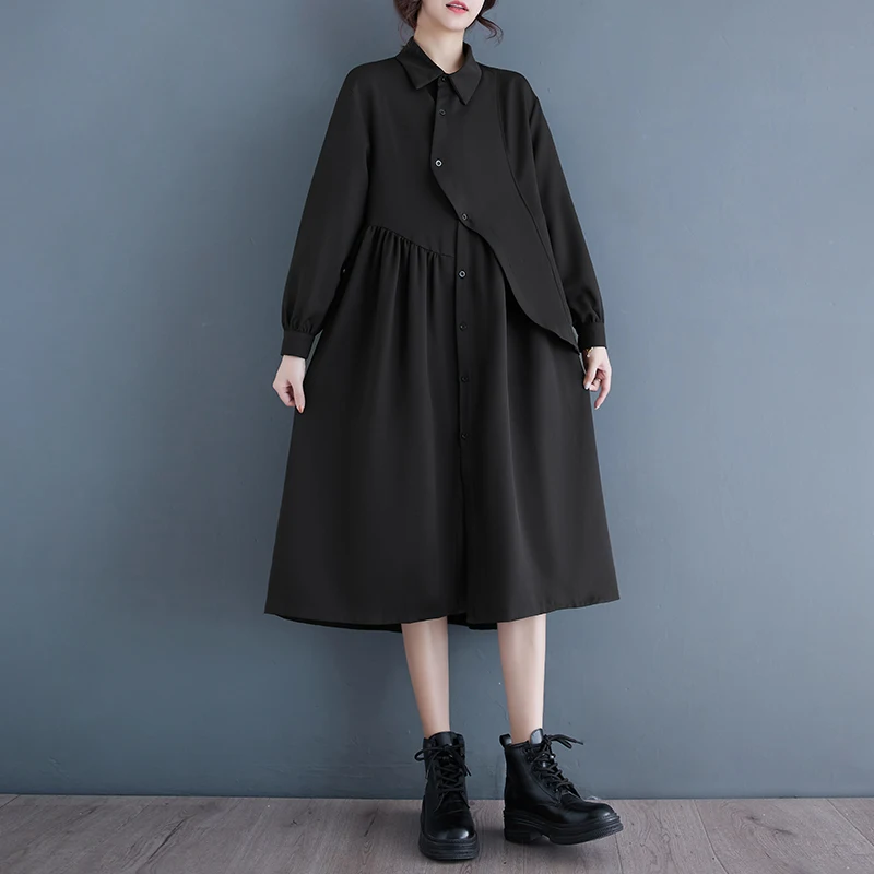 

Faionable Oversized Hepburn Sle Bla irt Dr Асимметричная ранняя осень Высококачественная свободная длинная юбка для поездок на работу Винтаж