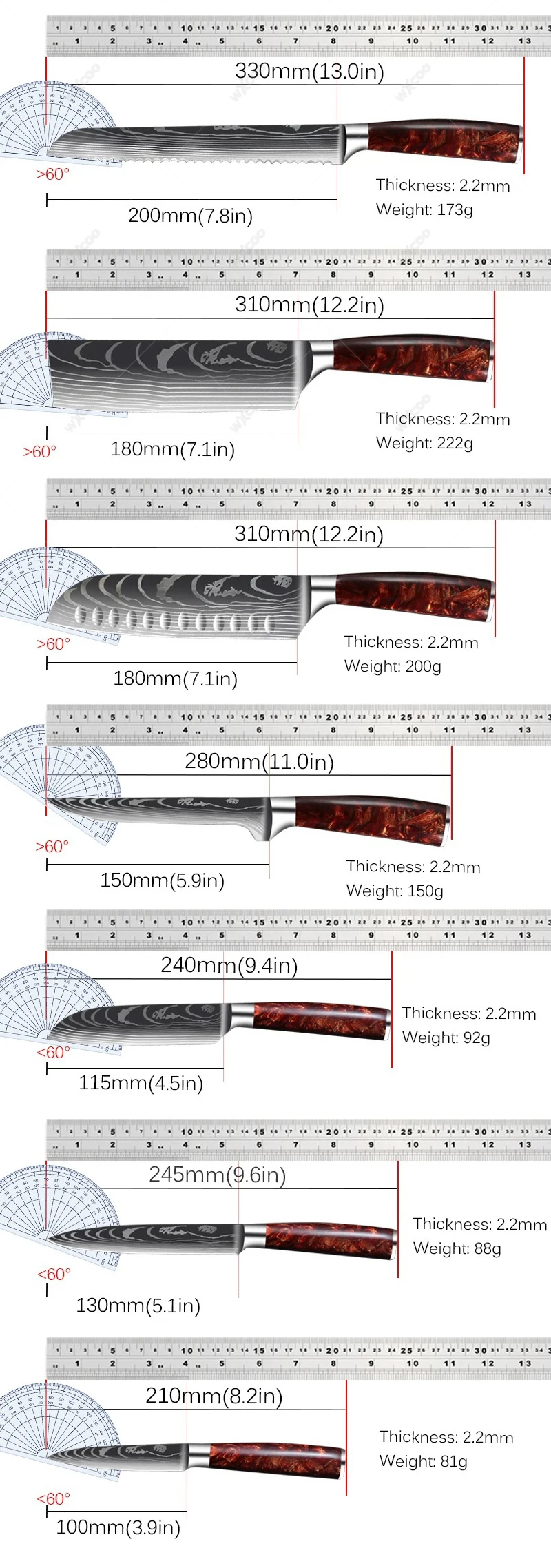 1-8pcs Stainless Steel Kitchen Knives Meat Vegetable Fruit and Bread Slicing Knife Colored Resin Handle Household Kitchen Knife