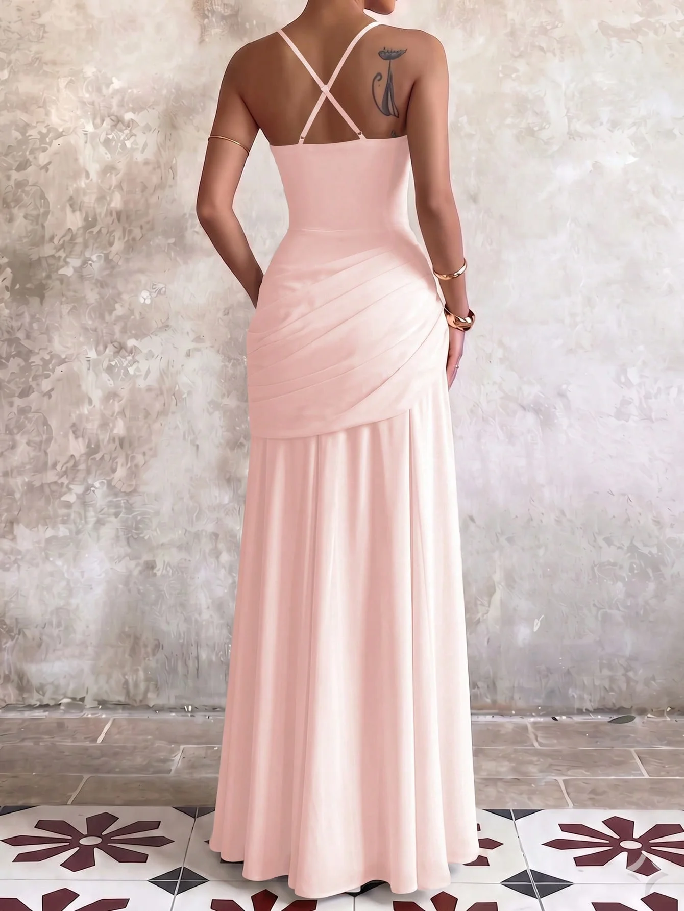 Elegant Sexy Asymmetrical Ruched Summer Spaghetti Strap Long Bodycon Dress Dress Pink Night Out Evening Cocktail Party Dress - view 6