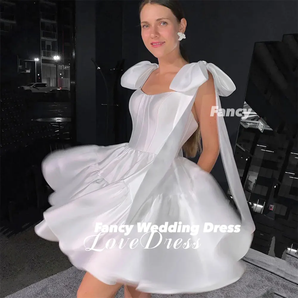 

Fancy Customized Elegant Short A-Line Tiered Stain Pleats Bow Spaghetti Straps Wedding Dress Above Knee Bridal Gown Vestido