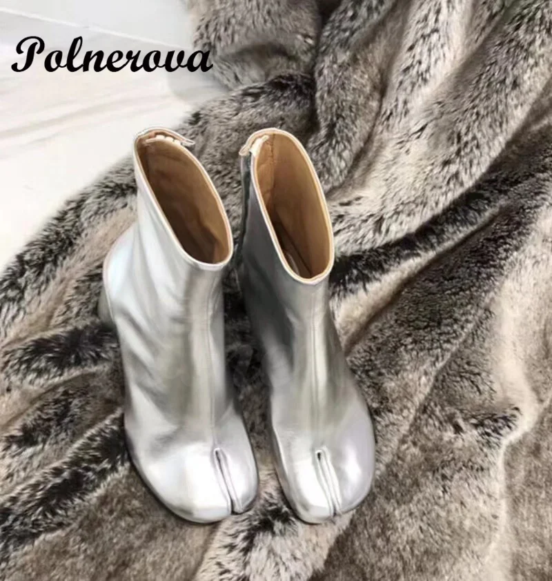 Botas de salto alto de toe dividido para mulheres, salto ferradura, couro, branco, preto, couro, pés de porco, botas de lantejoulas de tubo médio