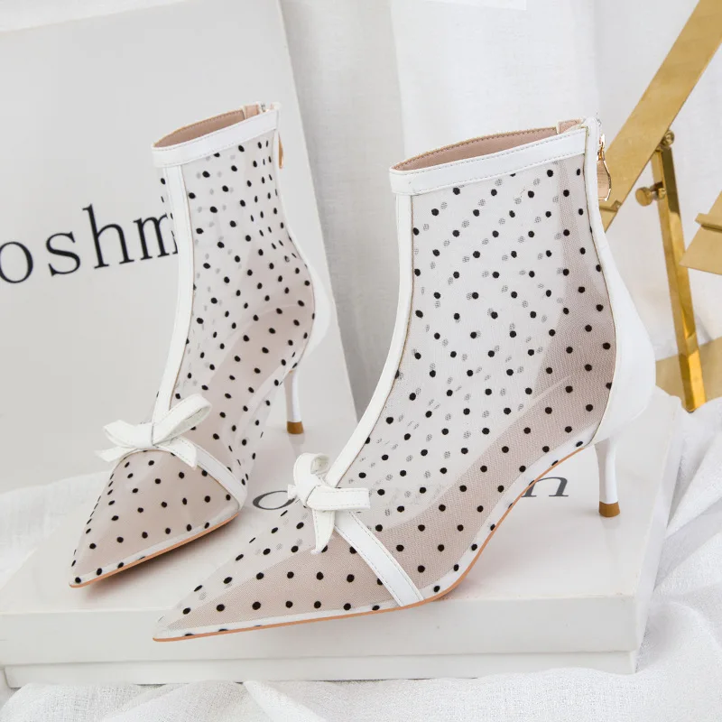 Women\'s Korean-Style Sexy Fashion Pointed Mesh Polka Dot Breathable Hollow Bow Stiletto Ankle Boot Party Summer Casual for Woman