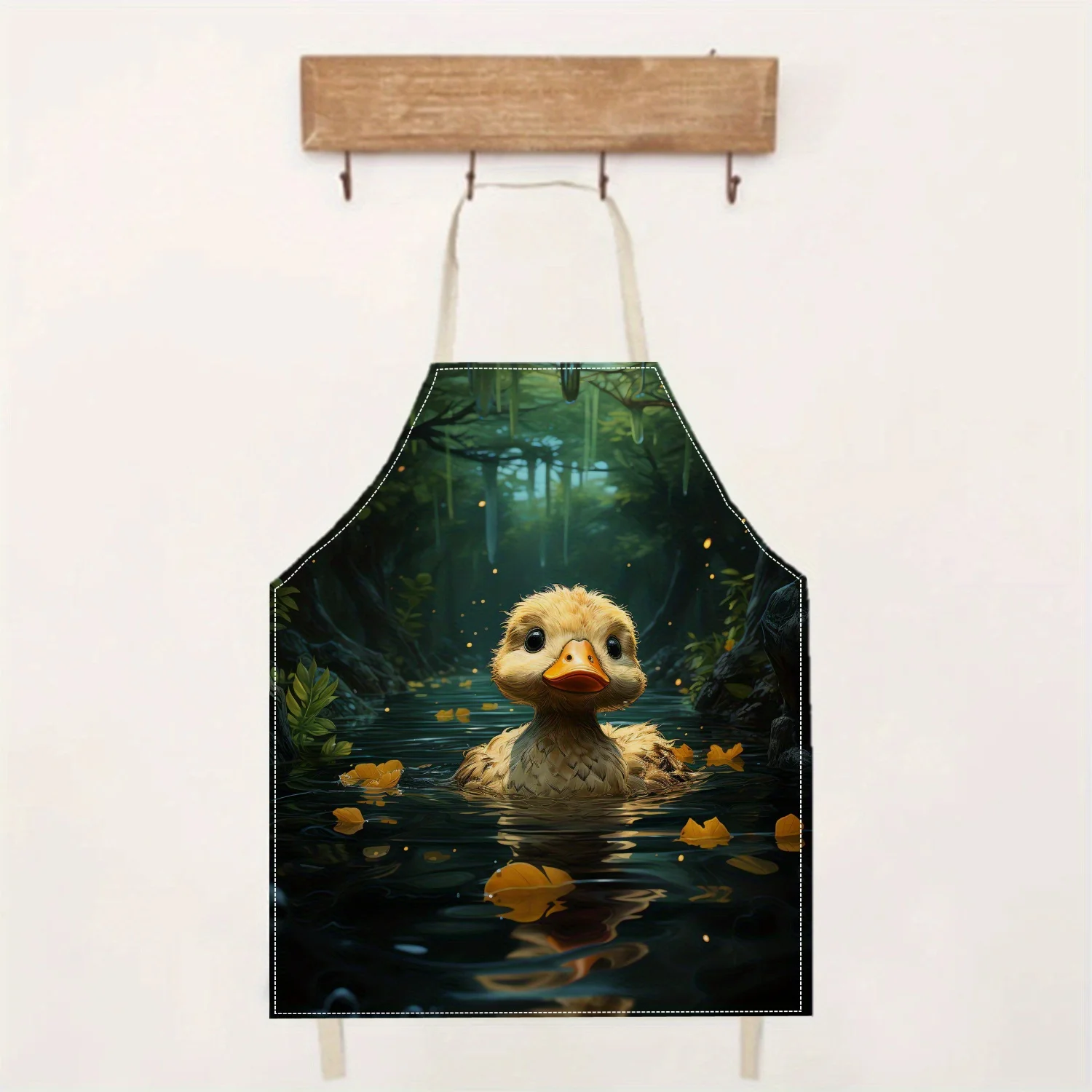 1pc Duckling in Forest Apron Nature Scene Print Linen Kitchen Apron with Water Reflection and Falling Leaves Design