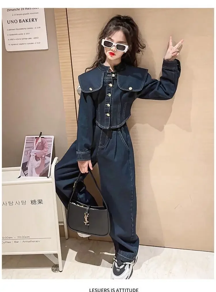 Girls Spring and Autumn Denim Set 2024 New Fashion Classic Large Lapel Denim Two-piece Set Korean Simple Style Suits Clothes