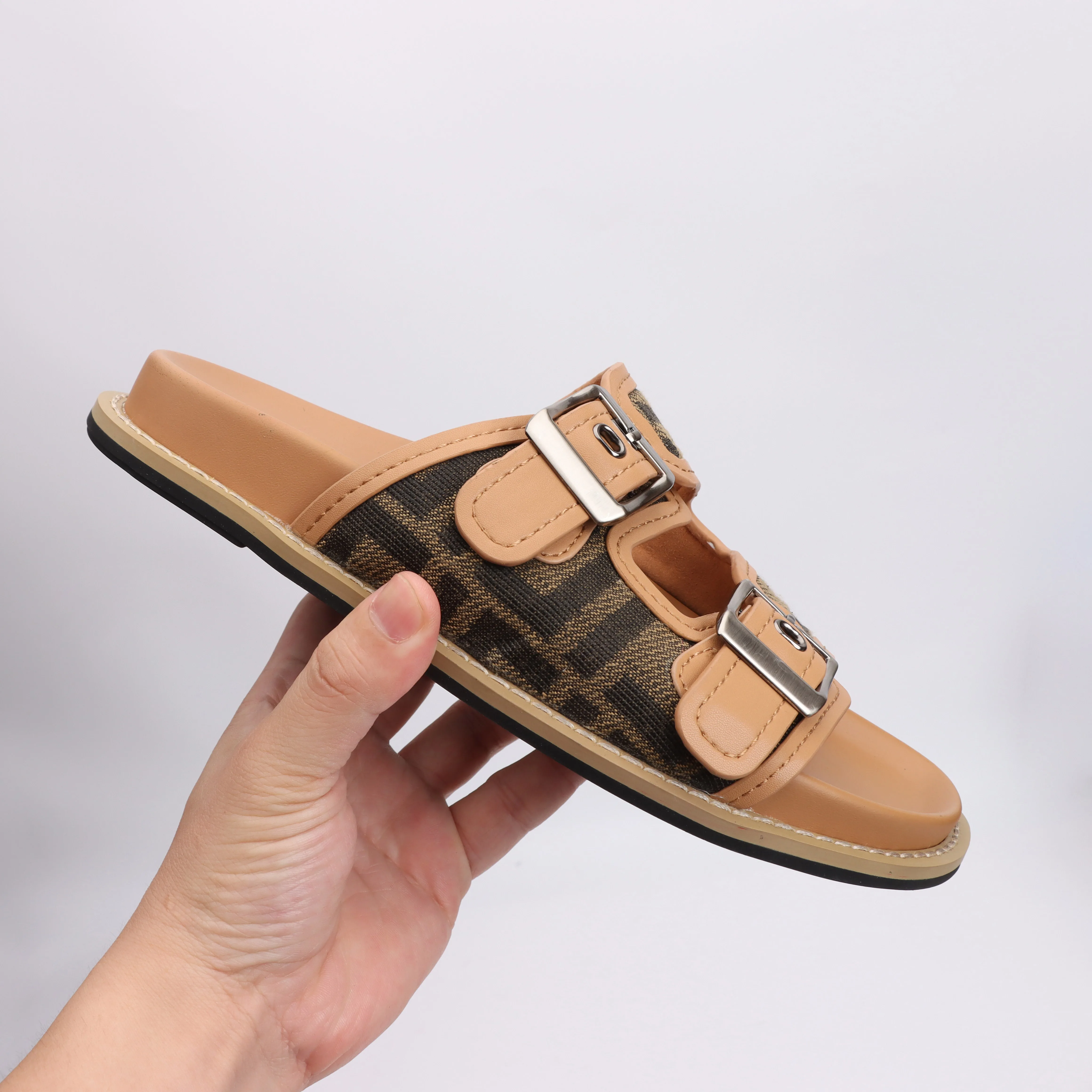 NO-LOGO Designer Summer Leather slippers for Women 2025 Luxury Brand Shoes Khaki ladies Slipper and big size 44
