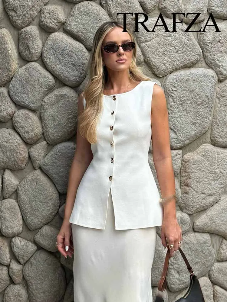 

TRAFZA женский модный универсальный бежевый трикотаж без рукавов с золотыми пуговицами, женский шикарный элегантный однобортный повседневный вязаный топ