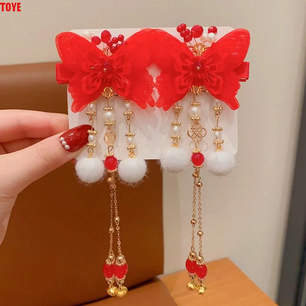 

All-match Tassel Children Red Hairpin Flower Bow Hanfu Hairpin Baby Headwear Cloth Ancient Style Hairpin Girls