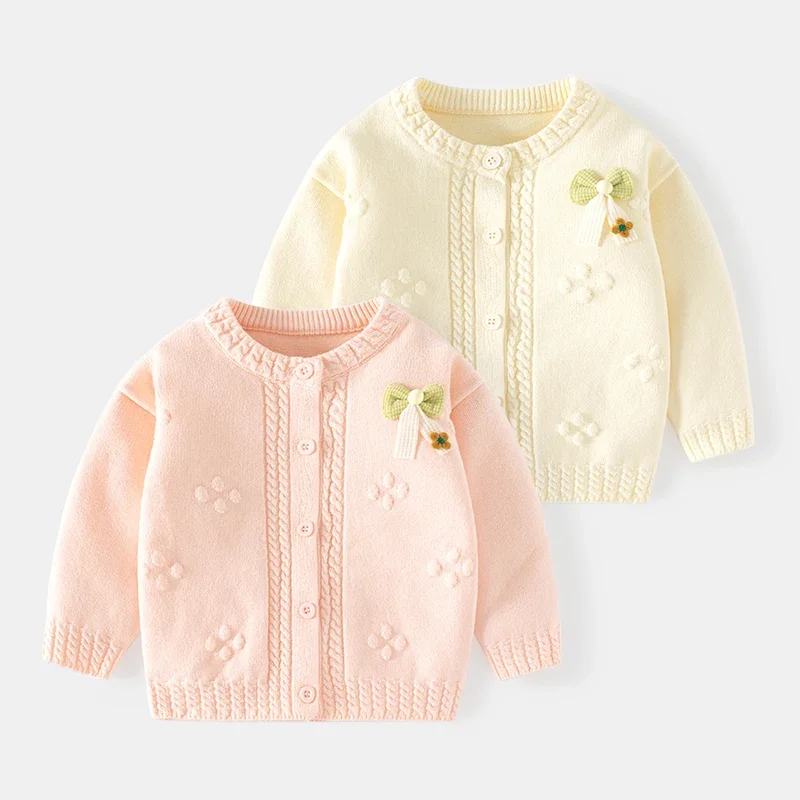 Kardigan anak-anak, sweater pakaian untuk anak perempuan katun pola titik pita anak-anak rajut lengan panjang Solid mode musim semi musim gugur