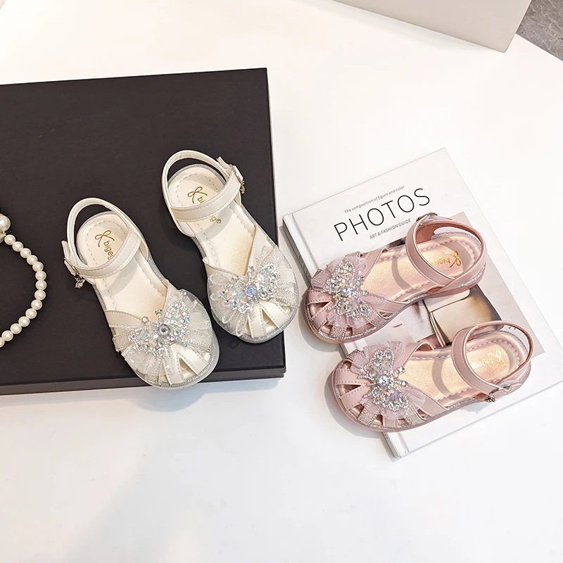 Girls Princess Sandals with Butterfly-knot Children Half Sandals Cut-outs Kids Crystal Lace Sweet Shoe Soft Breathable Anti-kick