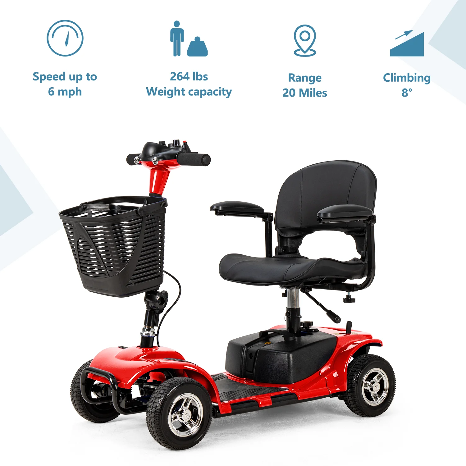 Red Blue 4 Wheels Mobility Scooter Electric Powered Wheelchair Device for Travel Best Gift for Elderly