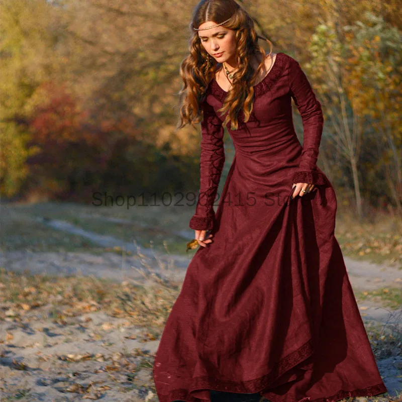 Women Medieval Vintage Dress European and American Classical  European Central Party Long Sleeve Round Neck Dress