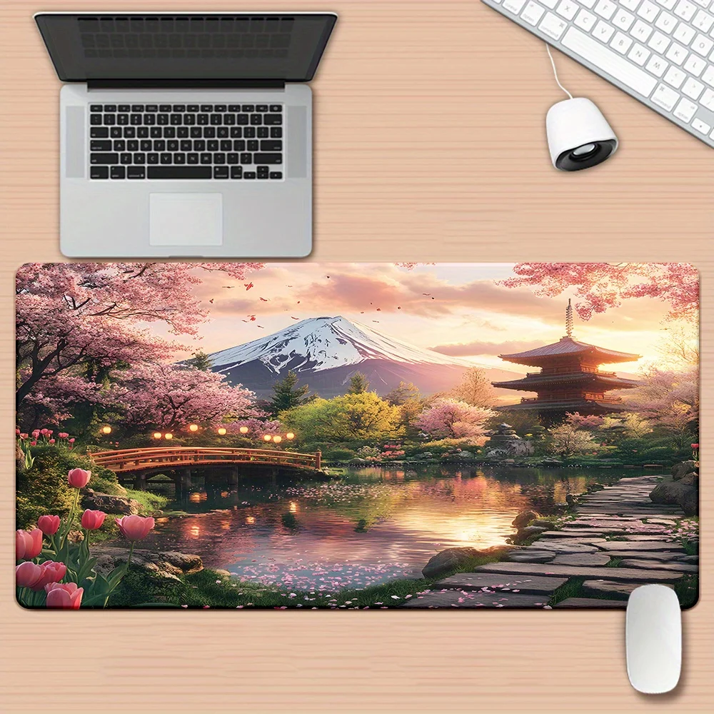 Japanese Garden Mouse Pad XXL Cherry Blossoms Mount Fuji Desk Mat Non-Slip Rubber Base Gaming Office