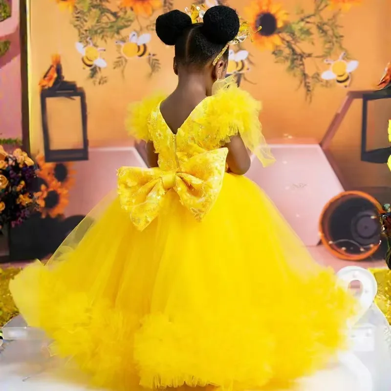 Yellow Flower Girl Dress Short-sleeved Princess Dress Festival Multi-layer Cake Veil Dress Girls' One-year-old Piano Dress