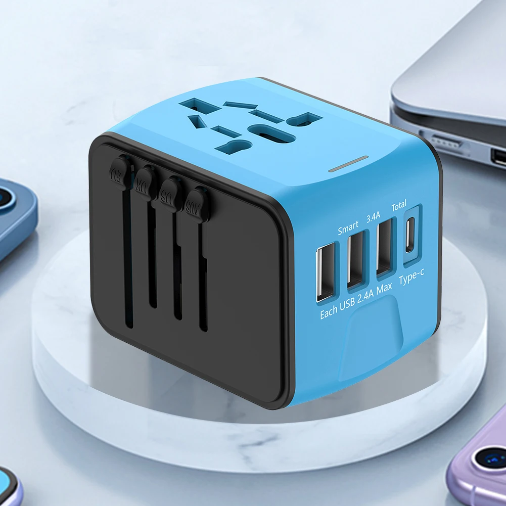 Universal Travel Adapter Portable Socket Converter 100V-250V AC 3 USB and 1 Type C Ports for for USA EU UK AU Cell Phone Laptop