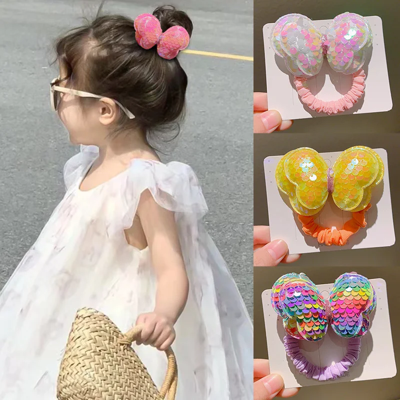 

2023 New Sequin Butterfly Hair Ropes Ties Cute Bownot Scrunchies Shiny Hair Rings Ponytail Holder Girls Colorful Rubber Bands