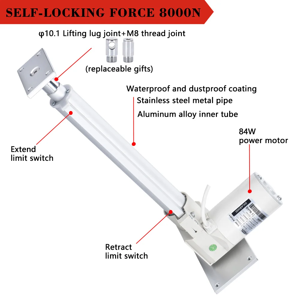Attuatore lineare 8000N DC24V 80kg ~ 800kg carico 50mm ~ 1000mm corsa tubo in acciaio inossidabile e lega di alluminio 3.3 mm/s ~ 25 mm/s