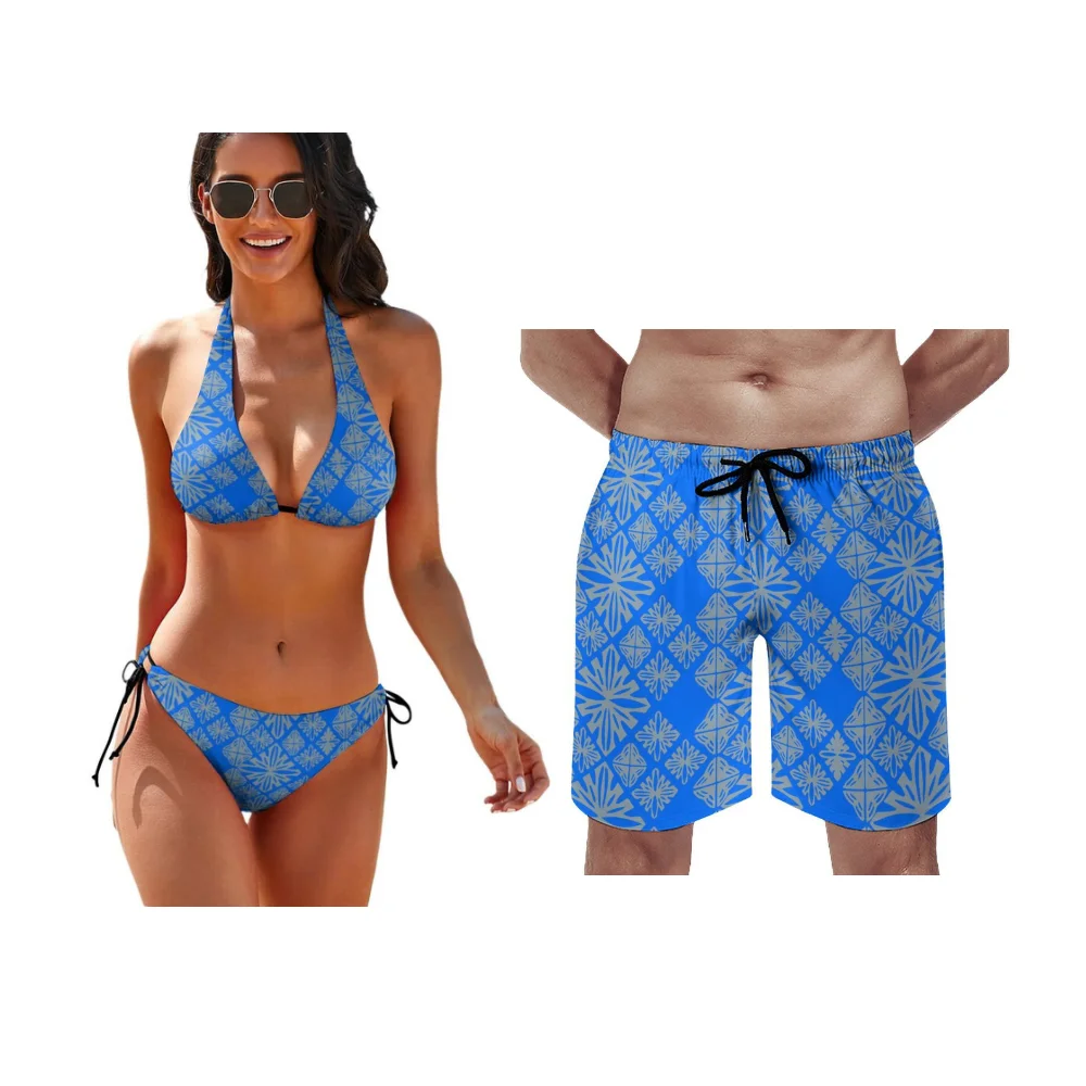 Summer Custom Polynesian-Style Couple Swimsuits Women'S Halter-Neck Strap Beach Sexy Bikini Men'S Beach Swimming Trunks