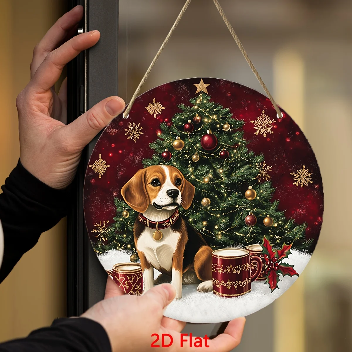 2D Flat, Beagle Dog Christmas Decoration - 8-Inch Round Wooden Wall/Door Hanging Ornament with Beagle & Beagles, Red & Golden Sn